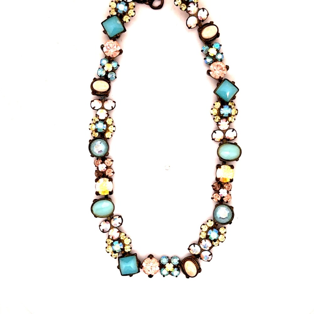 Sorrelli Crystal Collar Necklace Turquoise AB Iridescent Brass Tone 12-16"